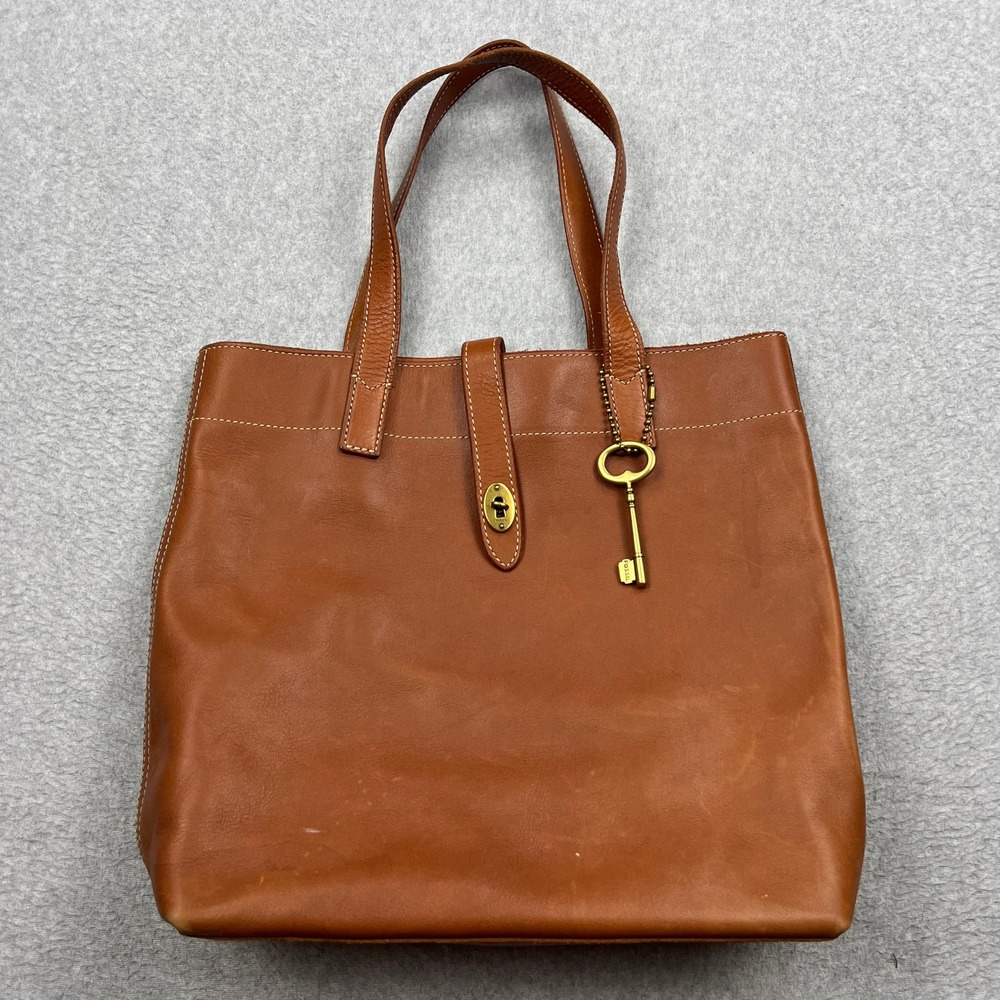 Fossil Austin Tote Medium Brown Leather Shopper Shoulder Bag Turnlock Key Charm
